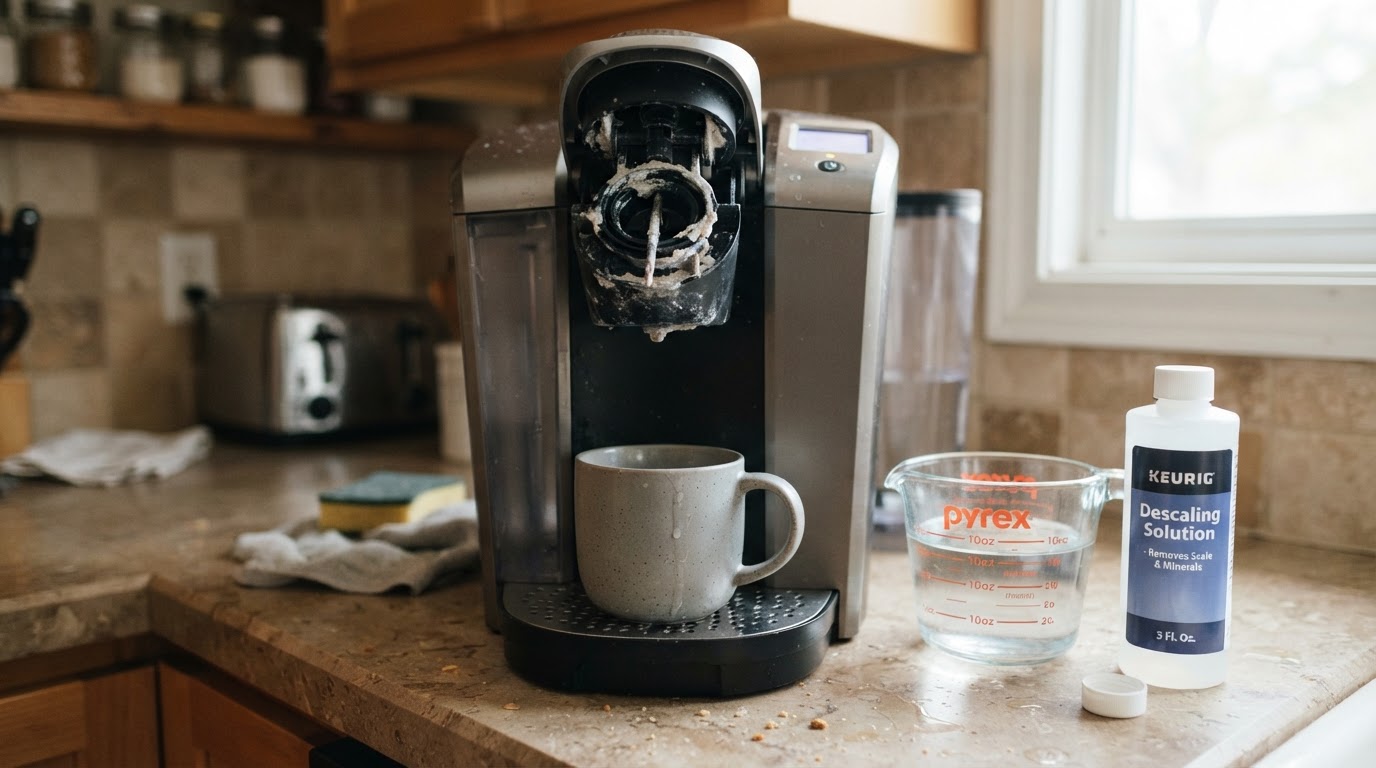Editorial illustration for keurig descaling solution.