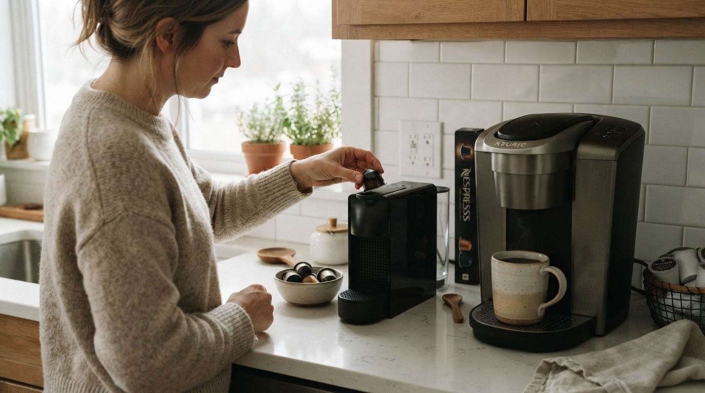 Editorial illustration for nespresso vs keurig.