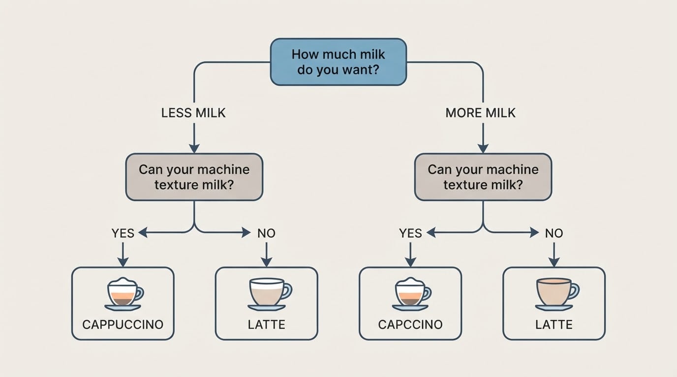 Workflow diagram for cappuccino vs latte.